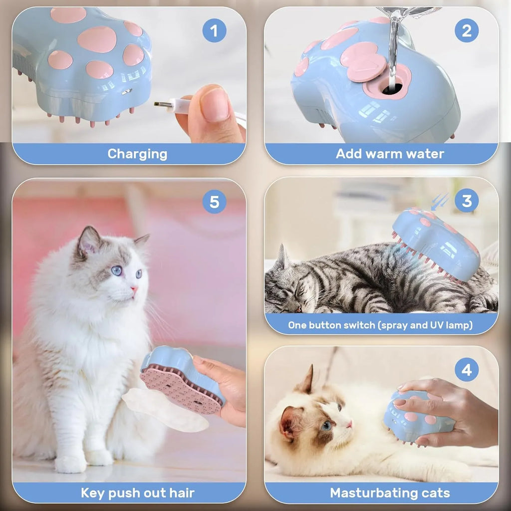 Self-cleaning cat steam brush with blue light, water spray tank, and silicone bristles