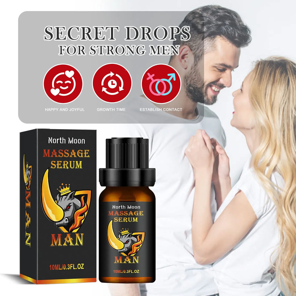 10ml glass bottle of men's massage essential oil with dropper, labelled with ingredients.