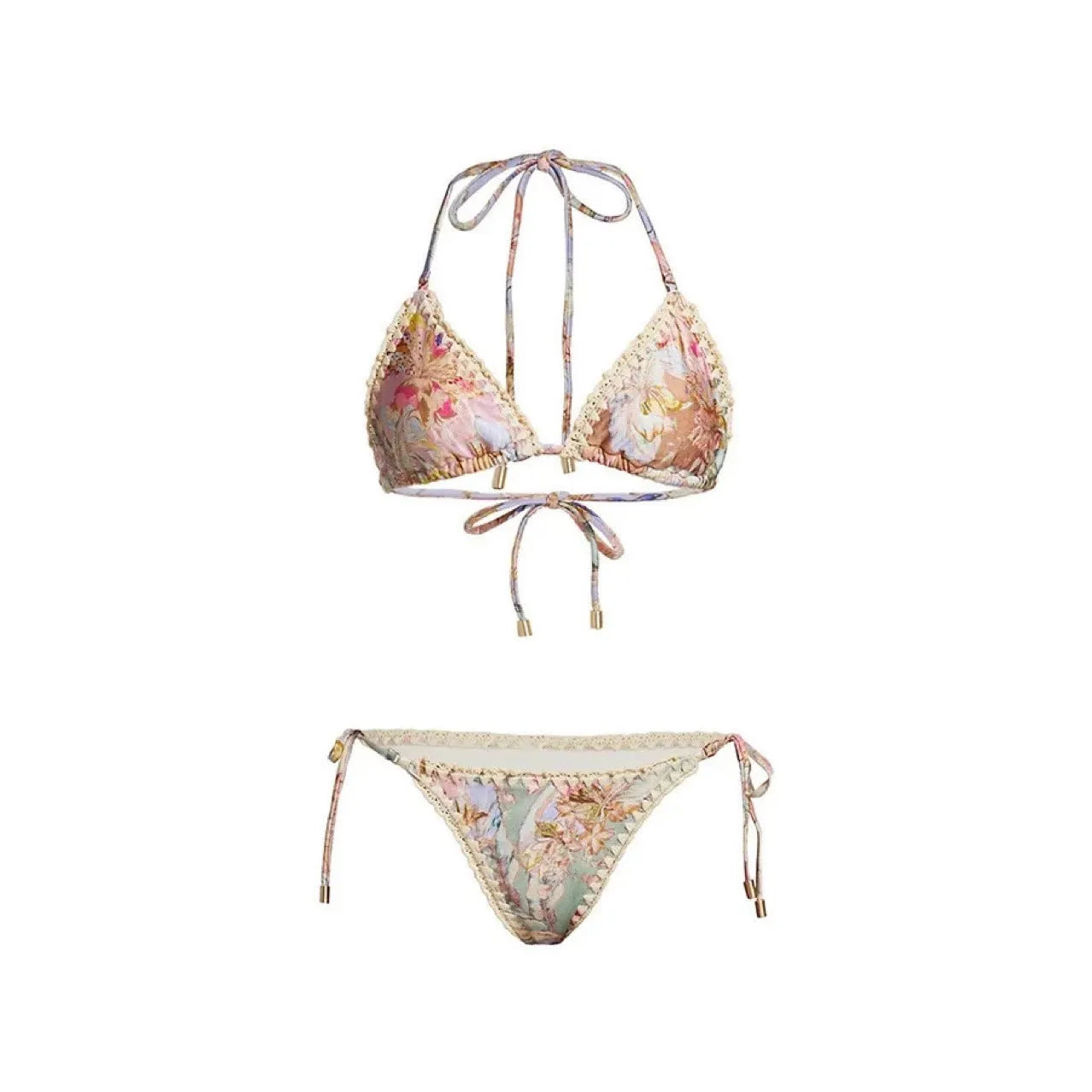 Women's creamy white floral print bikini set with top, briefs, and detachable skirt