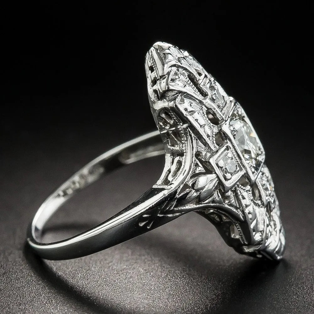 Geometric hollow copper ring with silver electroplated finish and diamond-studded detailing