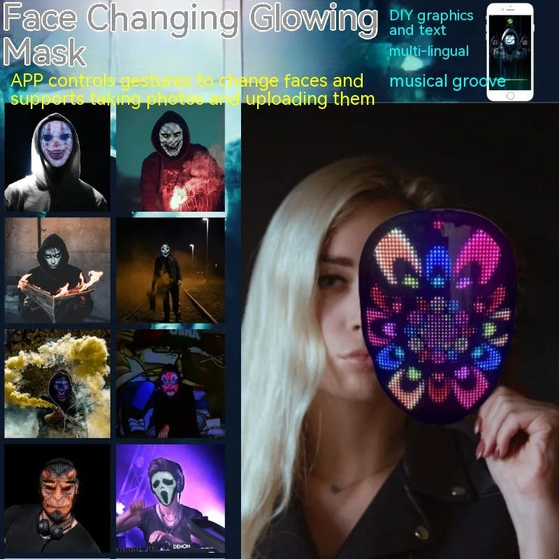 Full colour LED luminous face mask with gesture control and rechargeable battery for Halloween parties