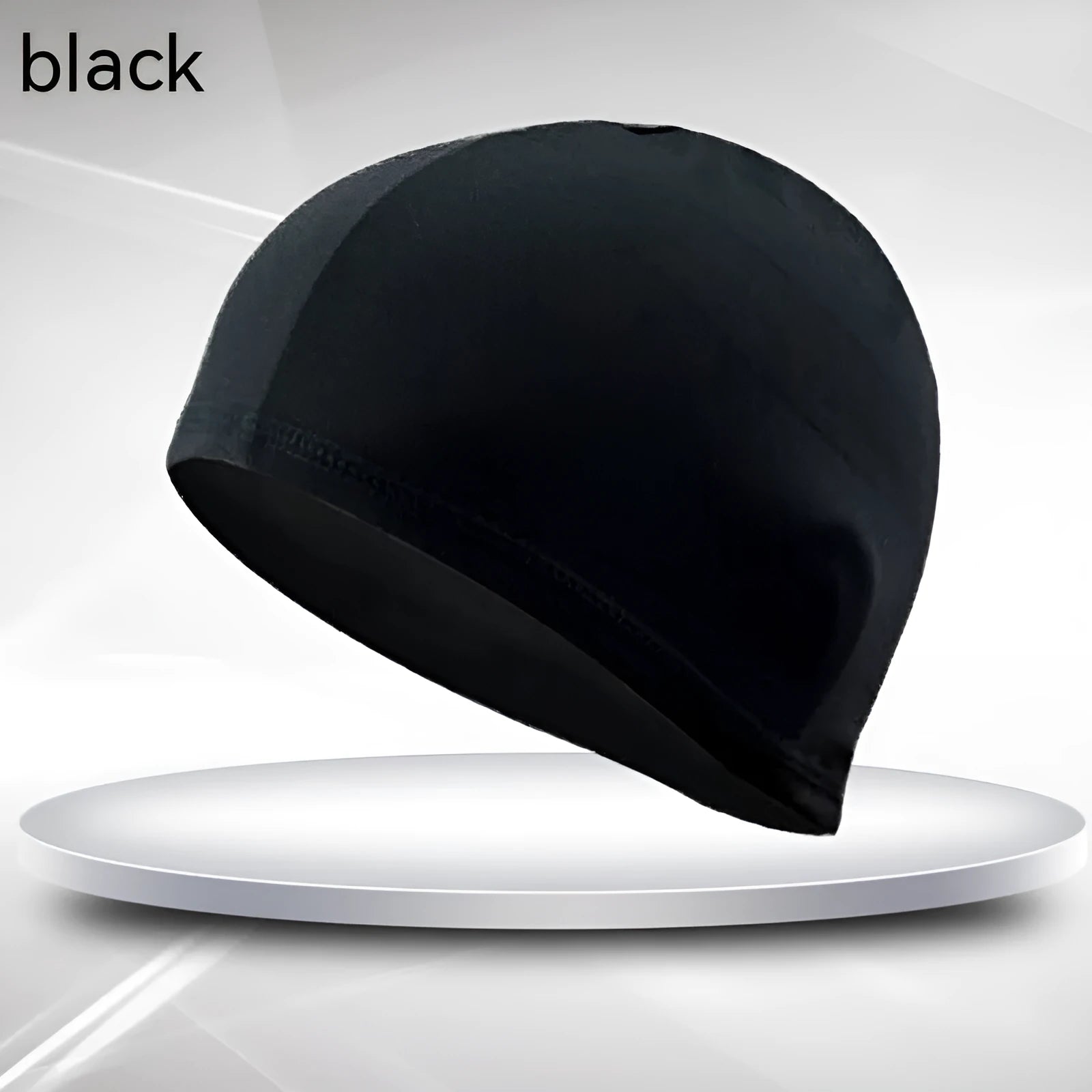 Black polyester fabric swim cap for adults laid flat.
