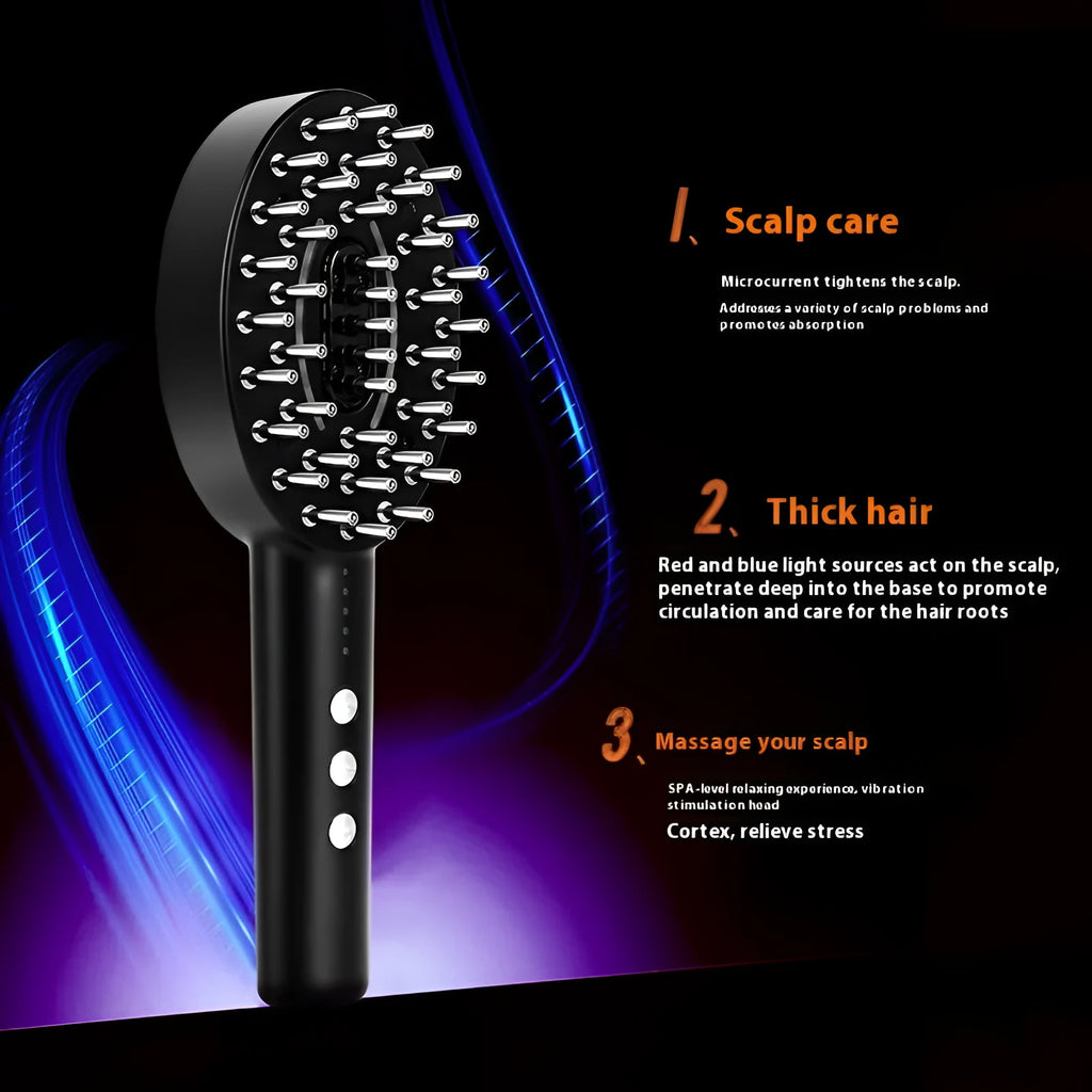 Black handheld rechargeable scalp massager and treatment applicator device with USB cable.