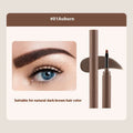 Double-headed eyebrow cream tube showing pencil and powder ends, with colour options reddish brown, brown, light brown, dark brown, and black.