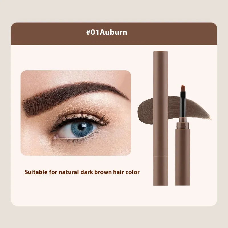 Double-headed eyebrow cream tube showing pencil and powder ends, with colour options reddish brown, brown, light brown, dark brown, and black.