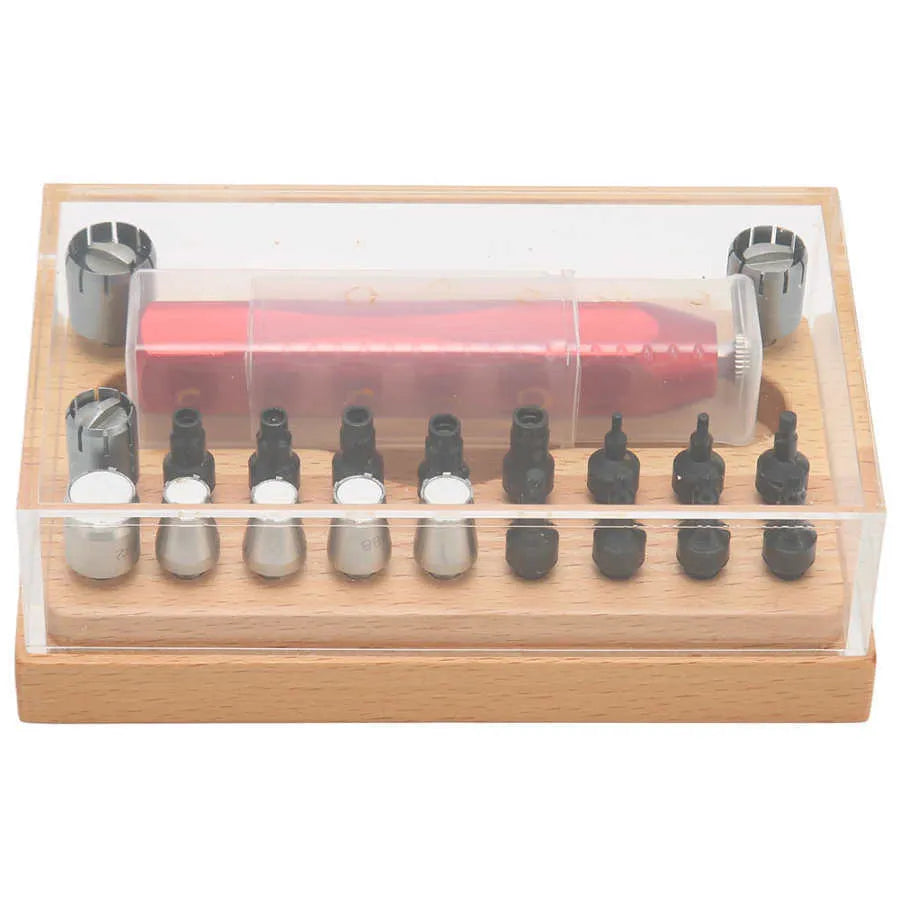 20-piece steel watch repair tool set with open tube tool in a black storage case.