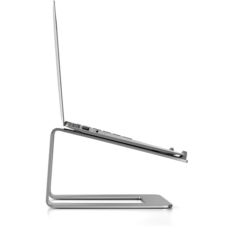 Black aluminium alloy laptop stand on desk with laptop elevated