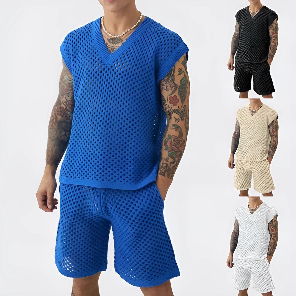 Men's blue V-neck vest with matching shorts set for summer sports activities