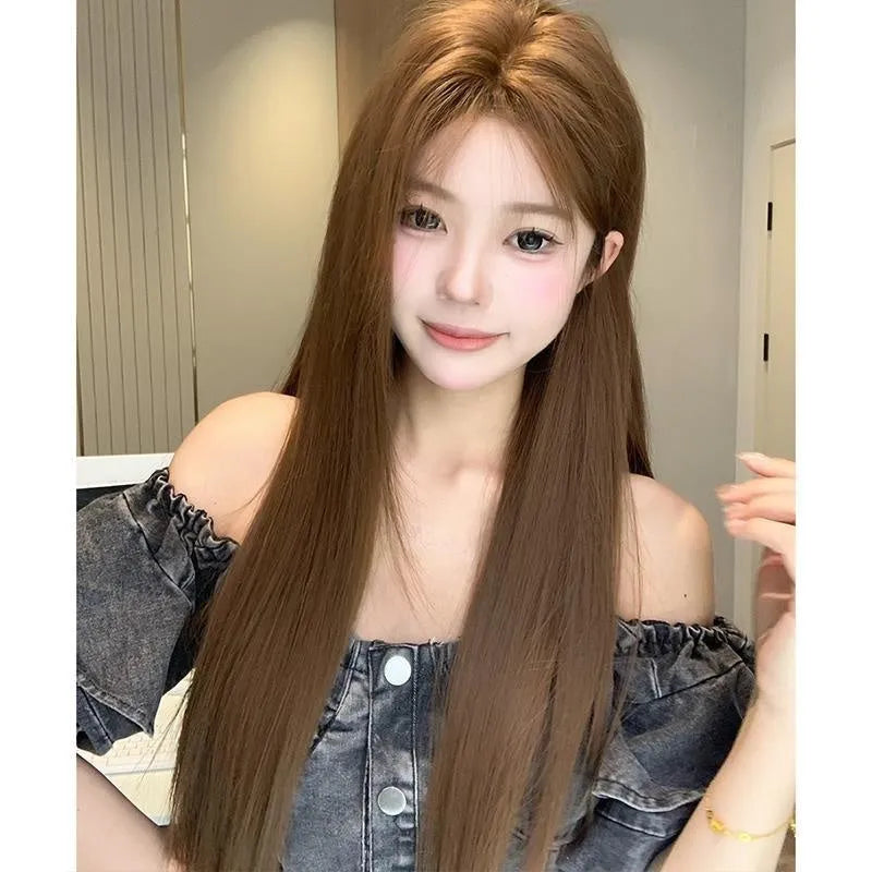 Long straight warm brown lace front wig with centre-parted bangs and forehead lace