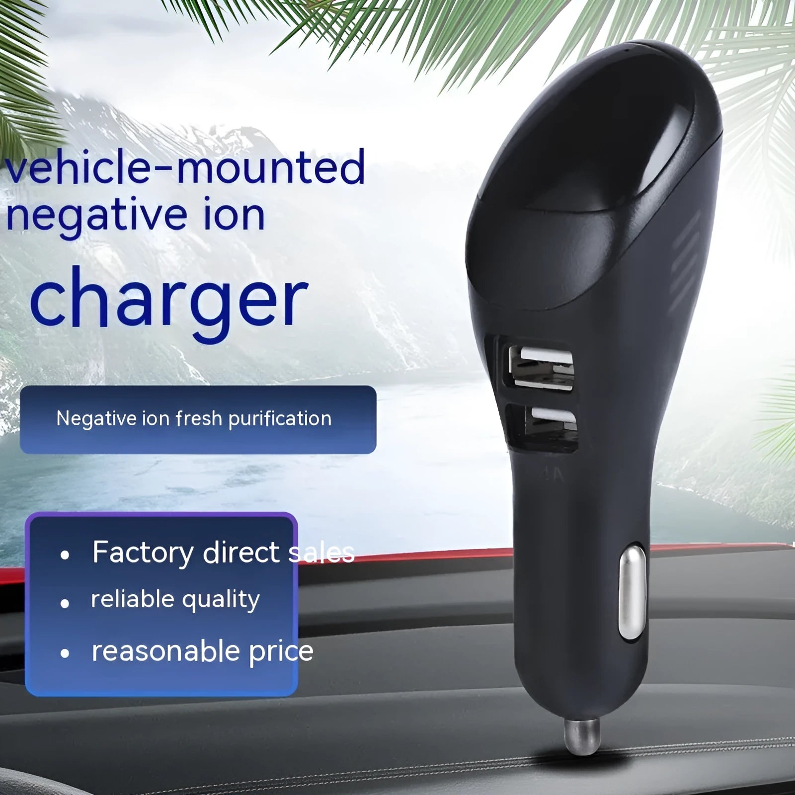 White car USB charger with negative ion air purifier showing compact 103mm dimensions