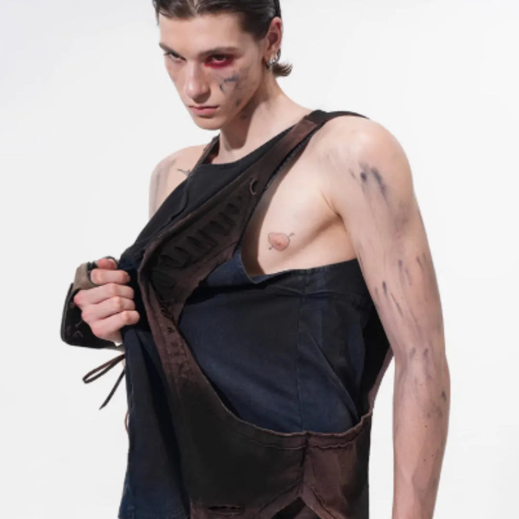 Men's summer spray colour cut structure spliced vest with round neck in youth pop style