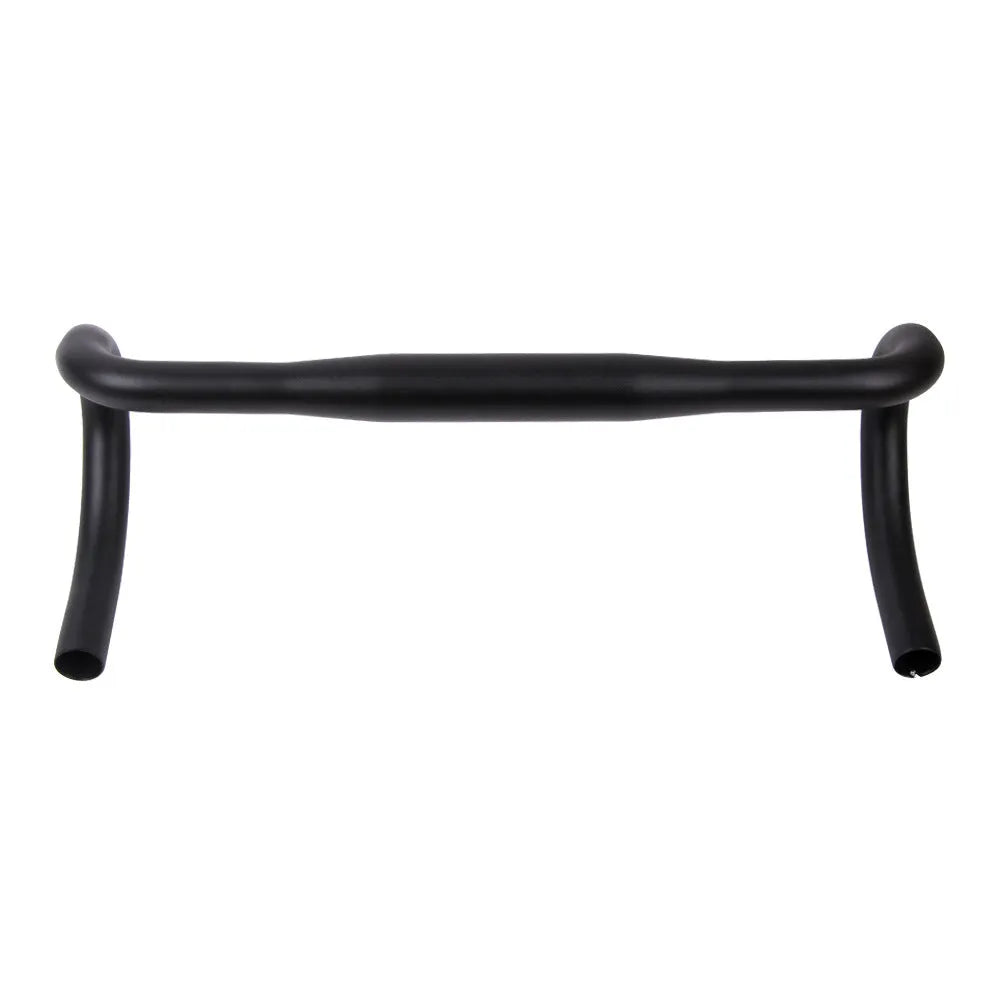 Black aluminium alloy road bike drop handlebar with printed width markings showing 31.8mm clamp diameter
