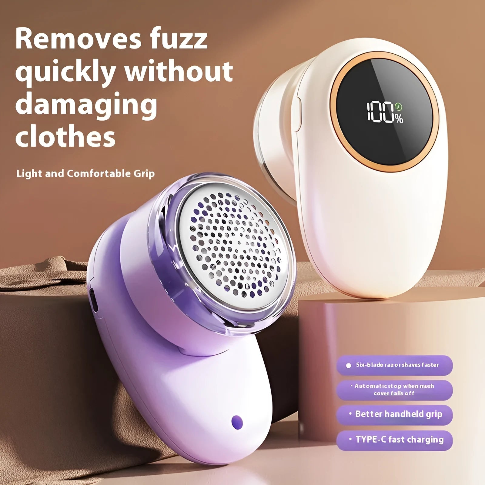 Purple and beige coloured fur ball trimmer lint remover with digital display and multiple cutter head options.