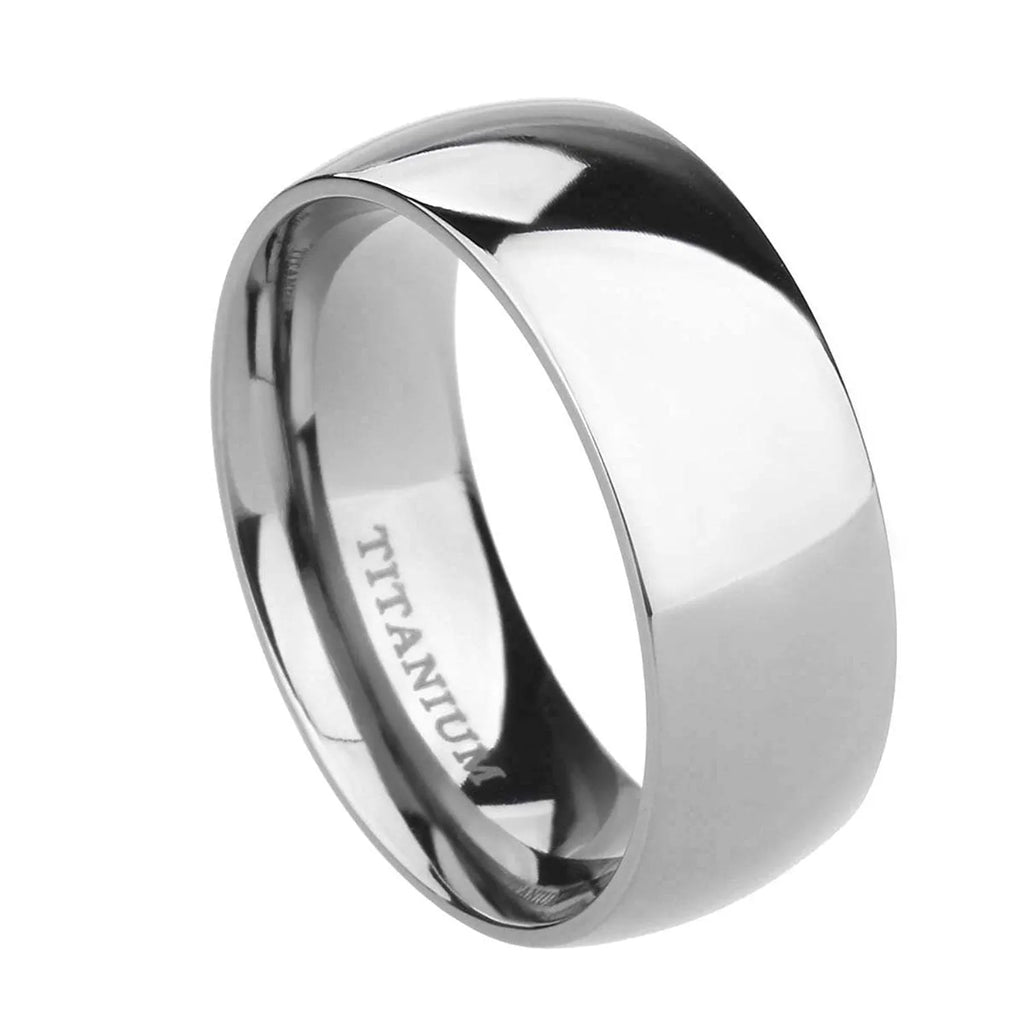 Silver titanium steel unisex ring shown in multiple width options on a size chart.