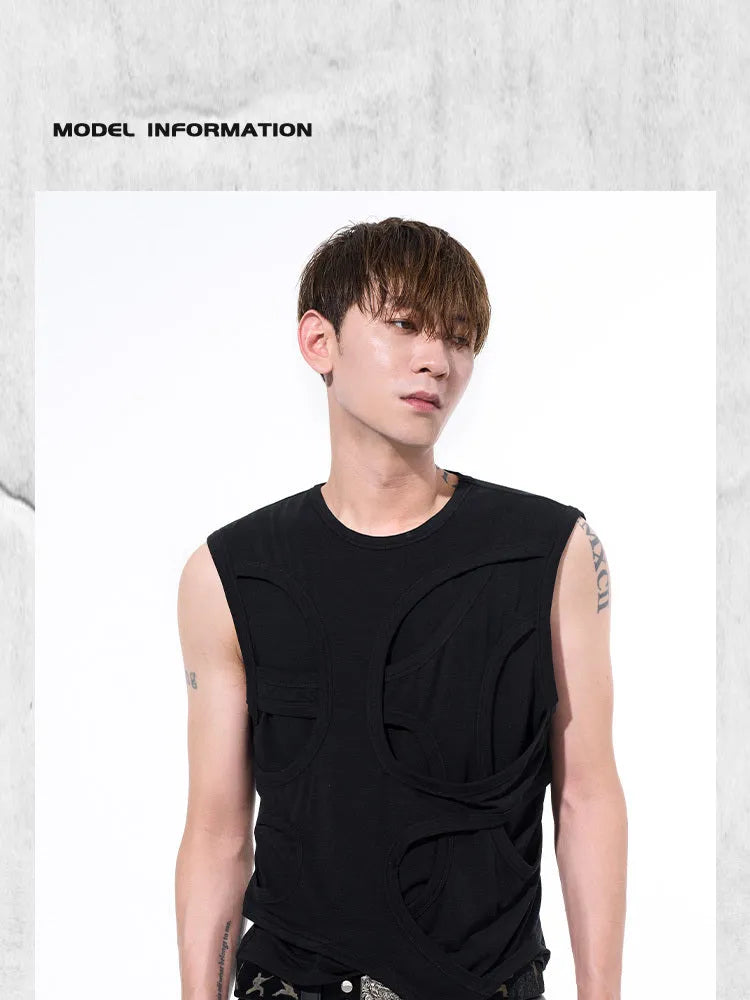 Men's solid colour lyocell vest tank top on a hanger, showing round neck collar.