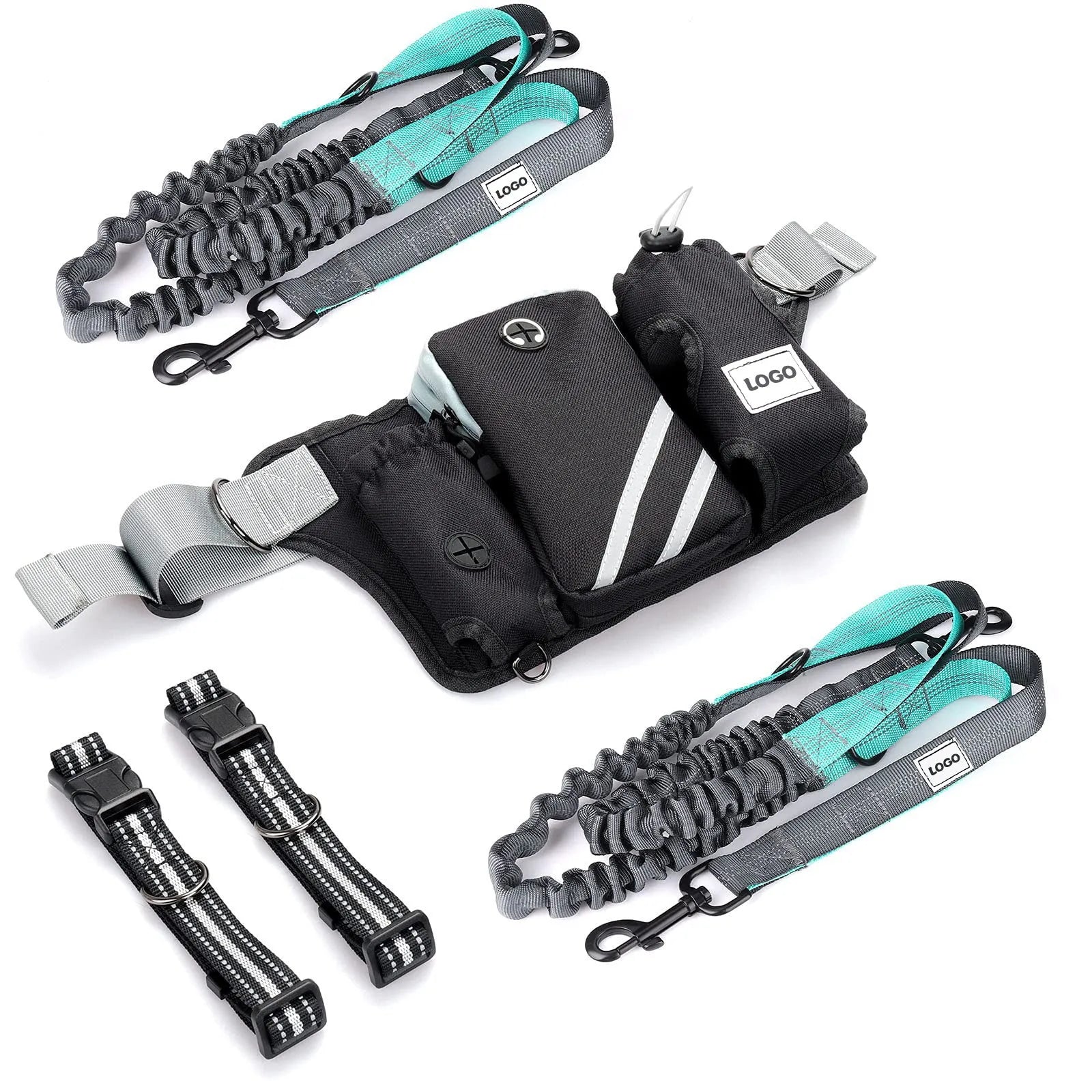 Black nylon dog walking waist bag with integrated leash and collar set for outdoor use