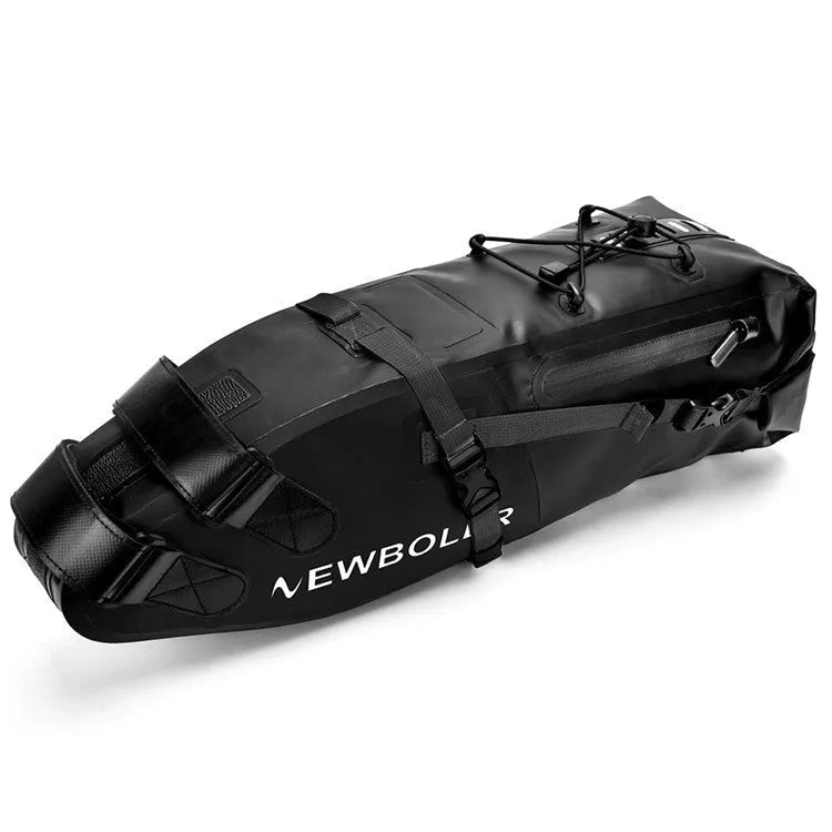 Waterproof PVC bicycle tail bag in yellow, black or green, showing 13-litre capacity for cycling tools.