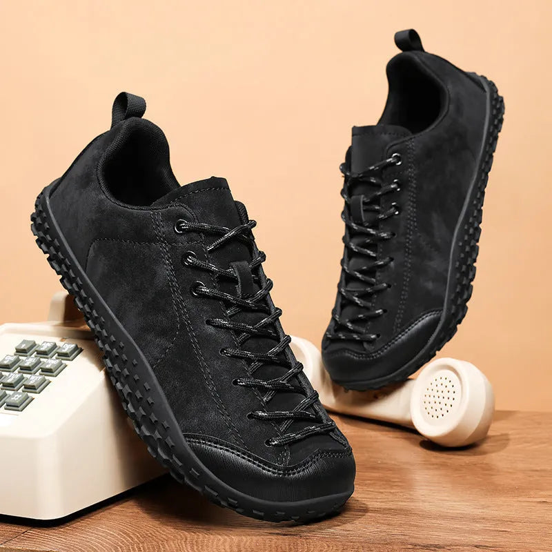 Large size German training shoes in beige with wide toe box, mesh upper, and rubber sole