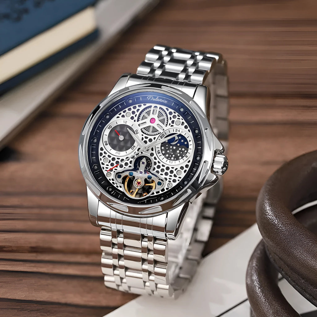 Men's automatic wristwatch with steel case, leather strap, black dial and luminous hands.