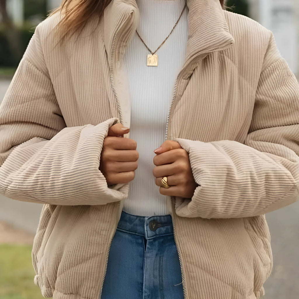 Apricot corduroy women's zip jacket with stand collar and long sleeves