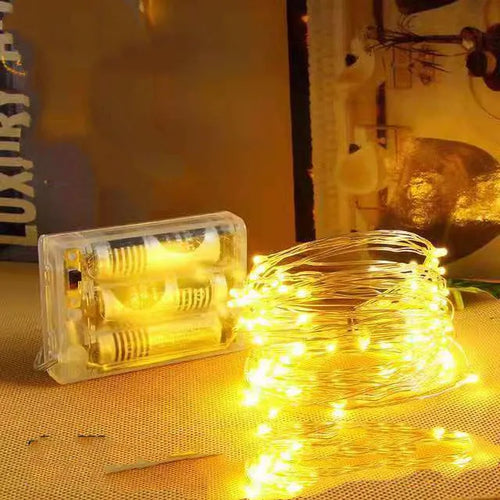 12 metre copper wire LED string light with battery box and multiple colour options for garden patio decoration
