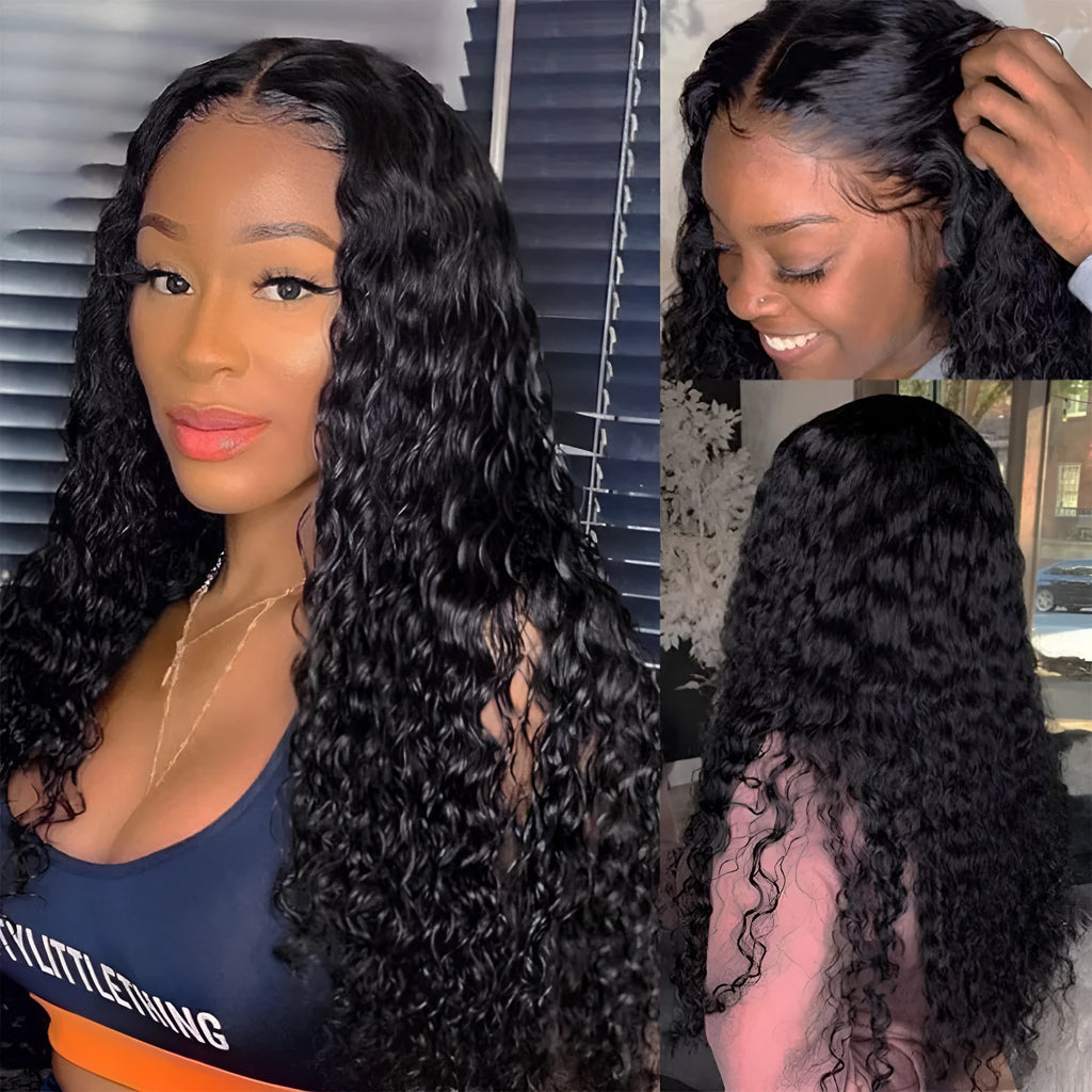 Curly human hair wig with lace frontal shown in various lengths from short to long.