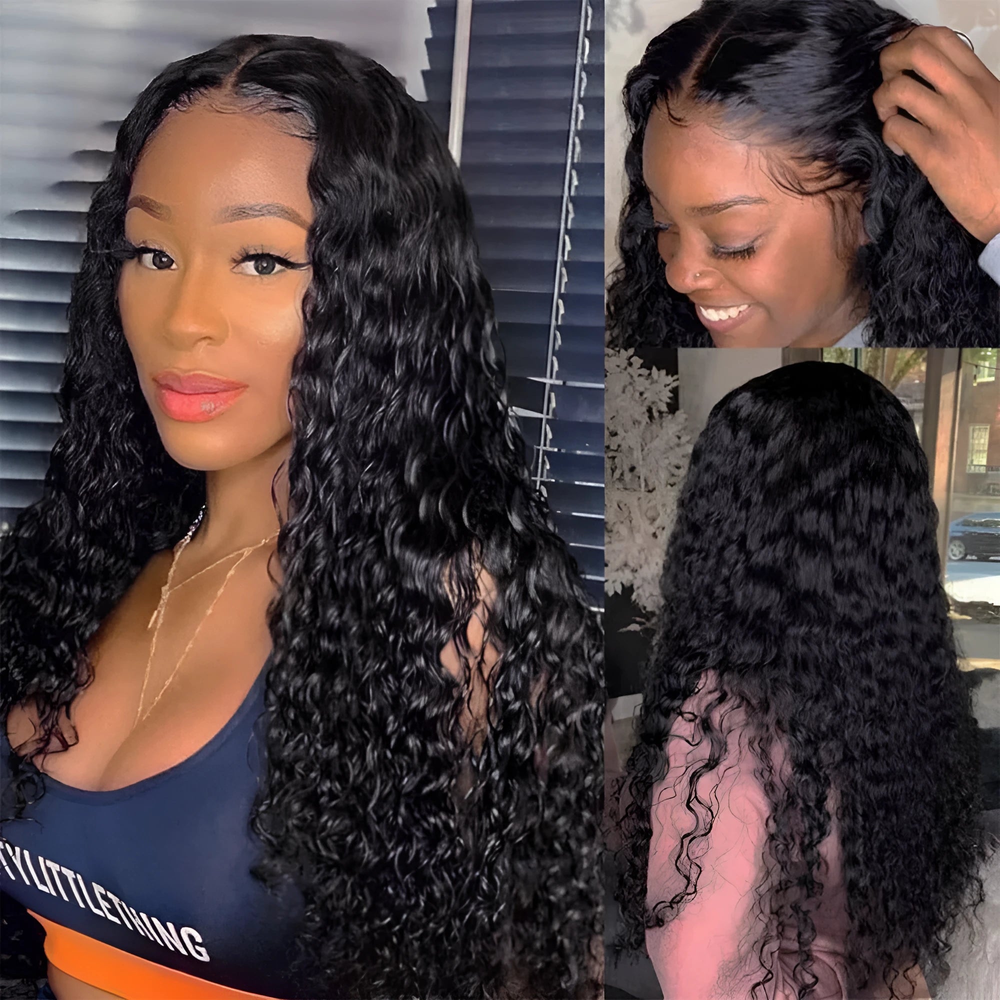 Curly human hair wig with lace frontal shown in various lengths from short to long.