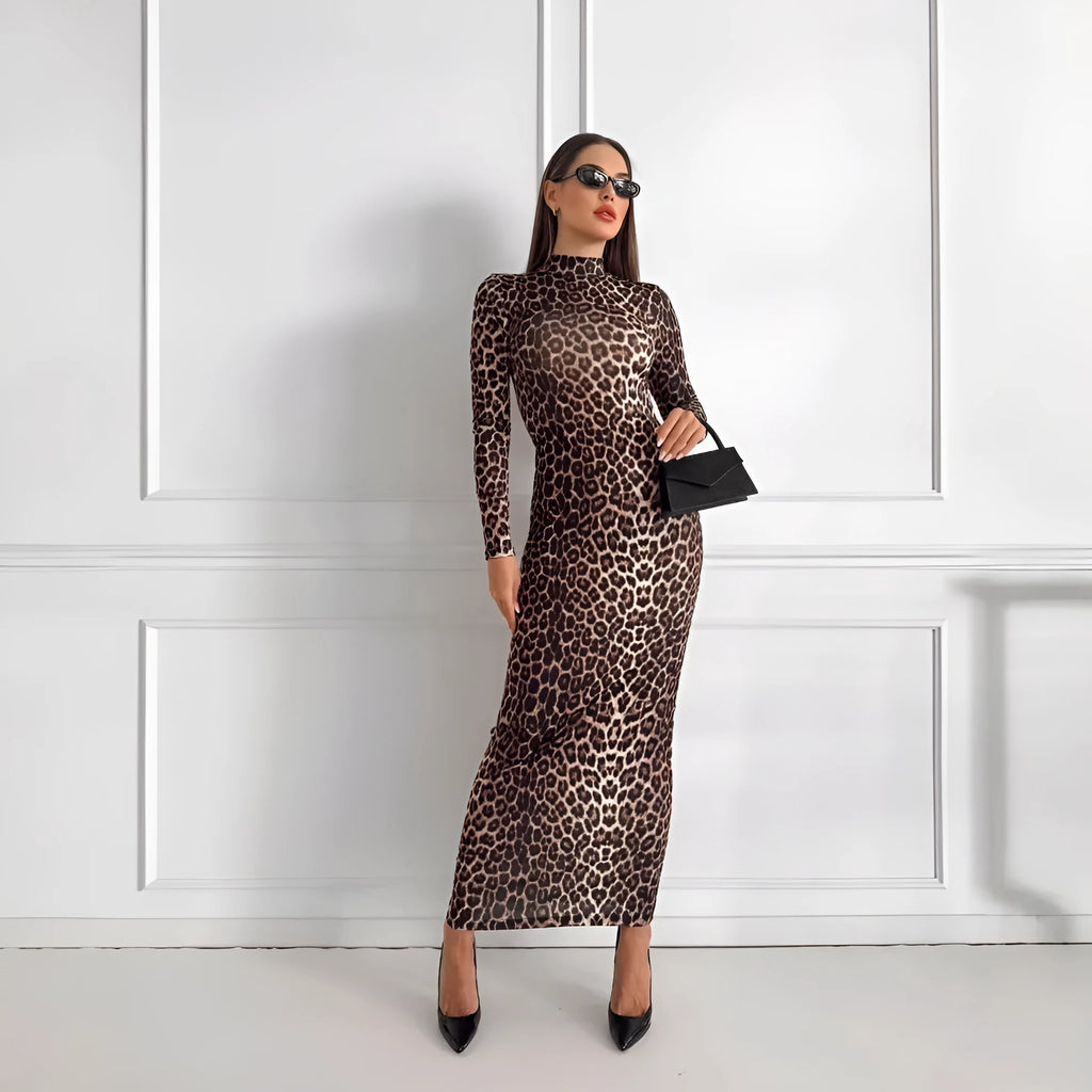 Leopard print long sleeve dress with stand collar and high waist design in milk silk polyester fabric