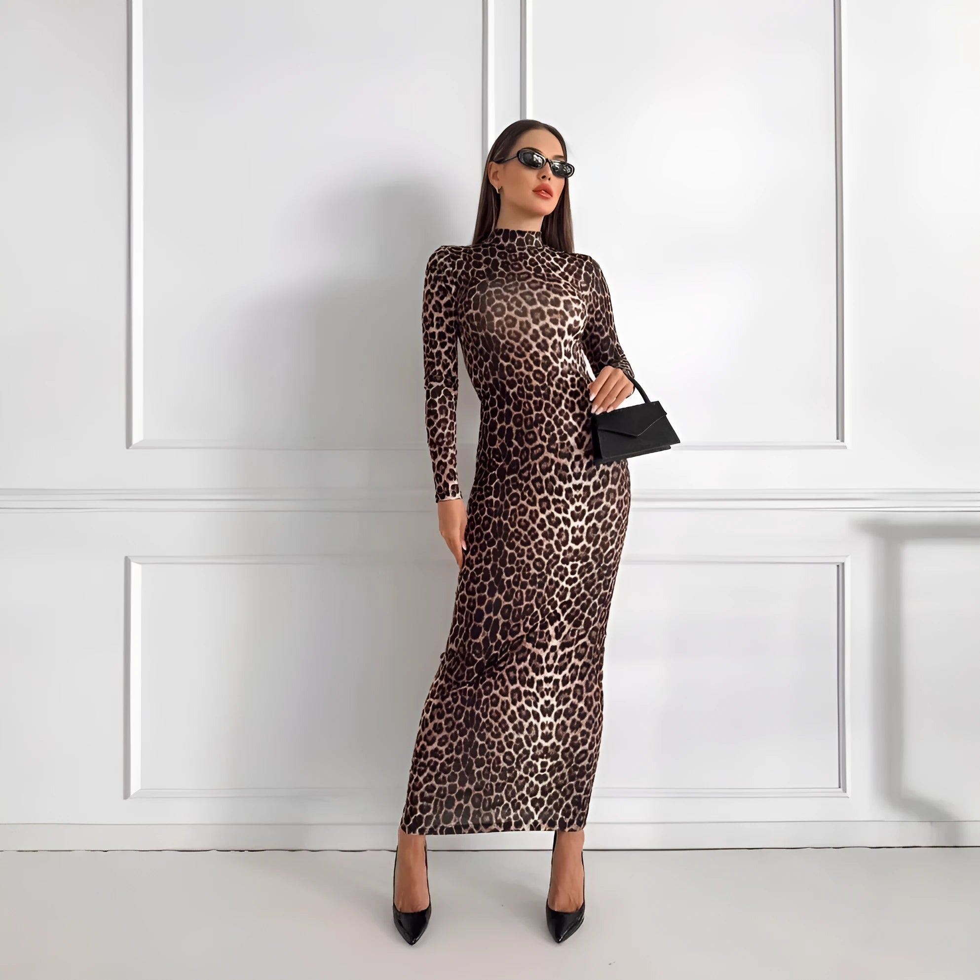 Leopard print long sleeve dress with stand collar and high waist design in milk silk polyester fabric