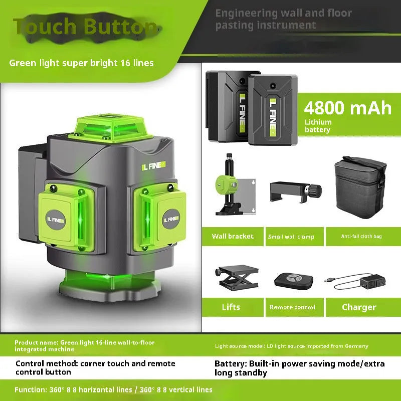 Green 16-line 3D laser level with compact black housing on a work surface.
