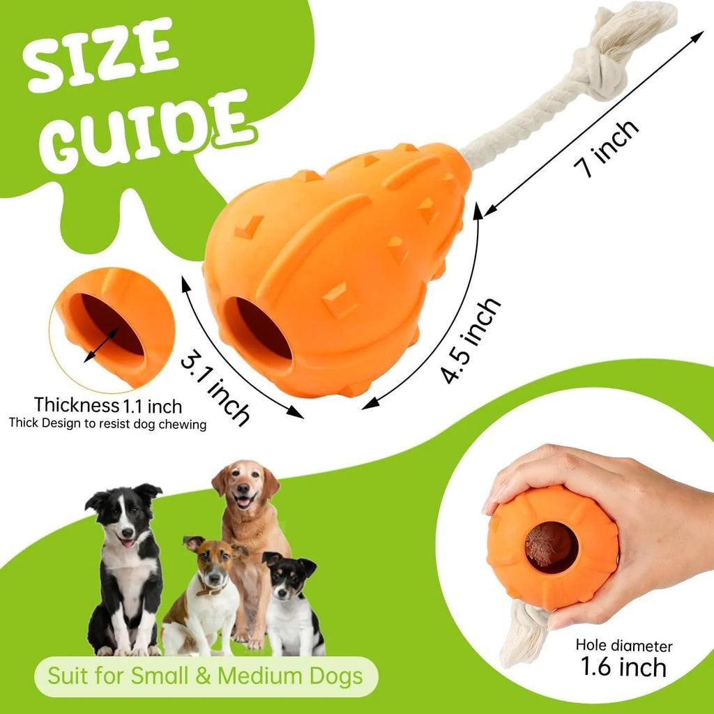 Natural rubber stuffable dog toy with treat dispenser measuring 30cm long