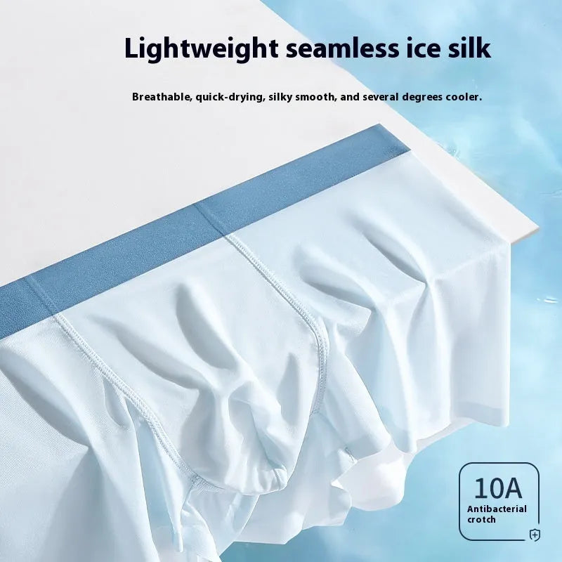 Men's antibacterial ice silk shorts in bean green colour with seamless mid-waist design