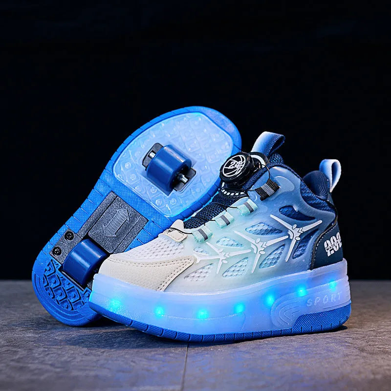 Children's flash knob roller skating shoes in striped blue, black or pink with button fastening