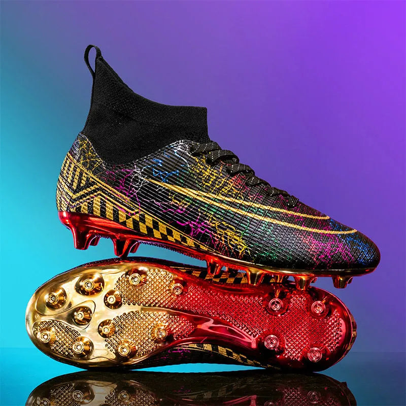 Men's high-top football training shoes with a gold plated bottom on a synthetic leather and PVC sole.