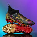 Men's high-top football training shoes with a gold plated bottom on a synthetic leather and PVC sole.