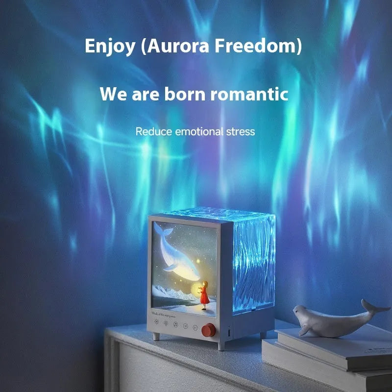 Aurora Treasure Box Atmosphere Projection Lamp showing Star Sea Whale light pattern and compact design.