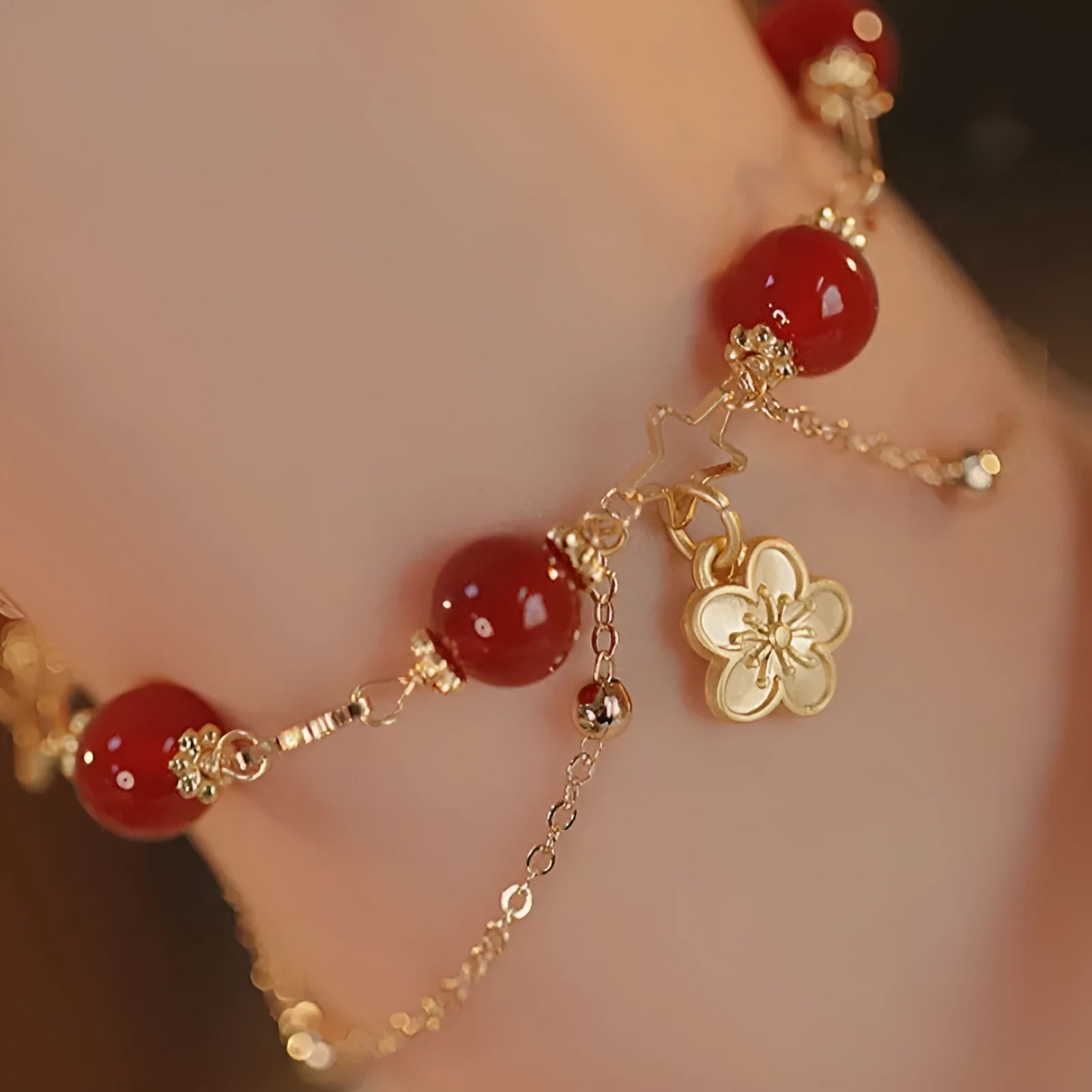 Handmade red agate double layer bracelet with floral and peach blossom ethnic design for women