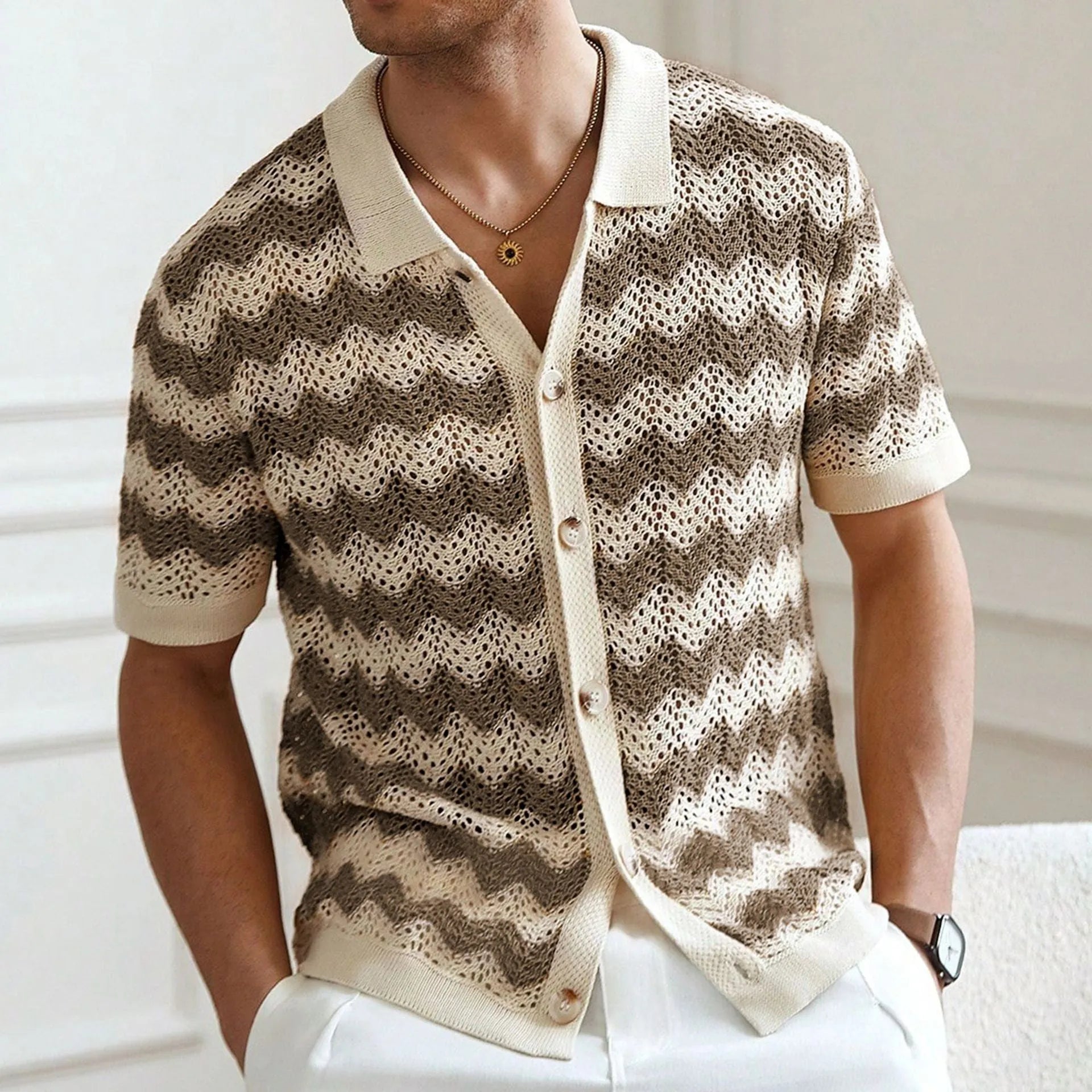 Short sleeve hollow jacquard corrugated sweater in Tencel viscose fabric showing textured surface and flocked detailing