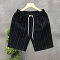 Men's black and white striped fleece-lined casual shorts with double waistband and ankle banded design