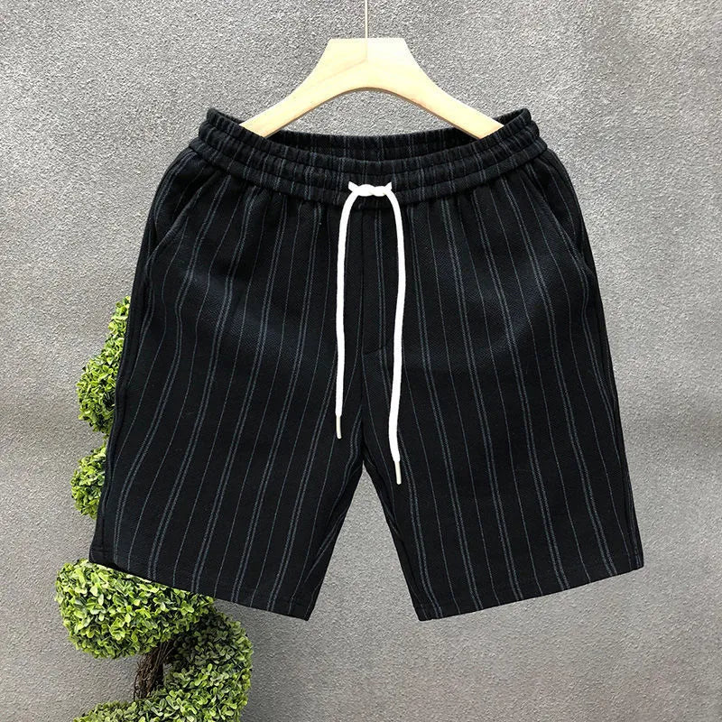 Men's black and white striped fleece-lined casual shorts with double waistband and ankle banded design