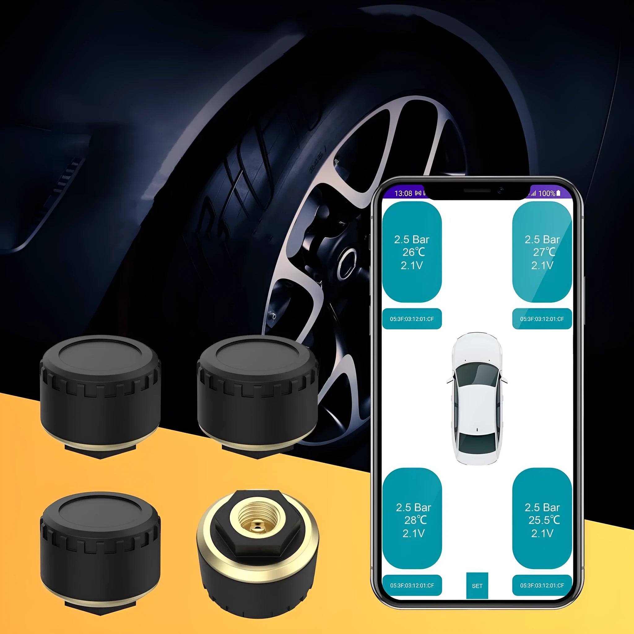 Bluetooth tyre pressure monitoring system with four wireless sensors and mobile phone display