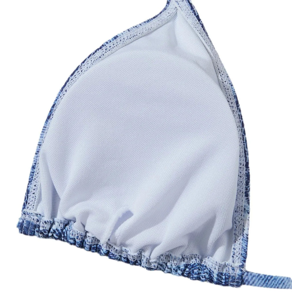 Women's denim printed bikini set with strap design in denim blue colour