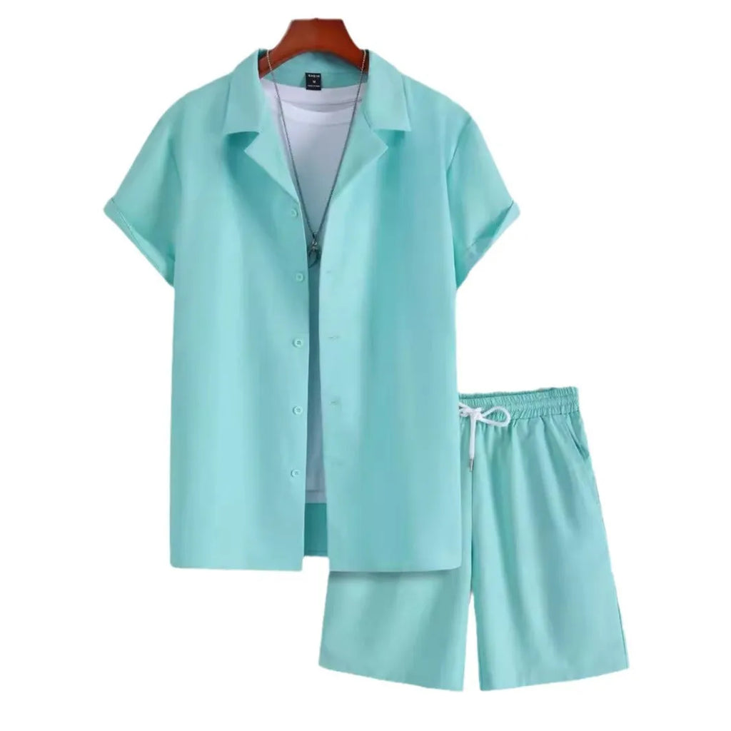Men's white short sleeve Cuban collar sport shirt and matching shorts set on a hanger