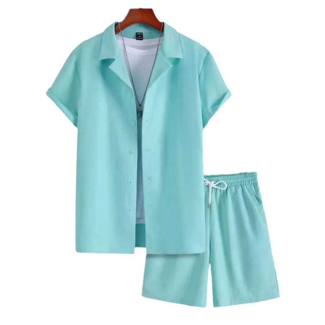 Men's white short sleeve Cuban collar sport shirt and matching shorts set on a hanger