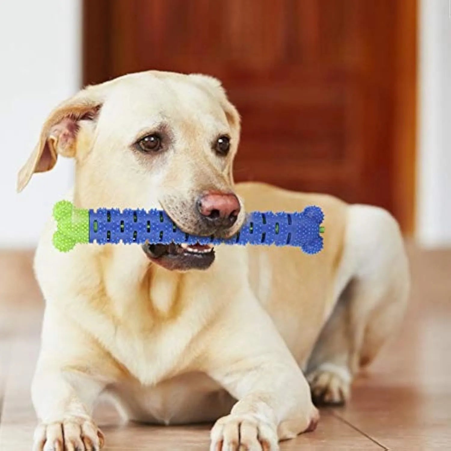Blue green silicone dog dental cleaning stick with brush head design and gum massage nodules