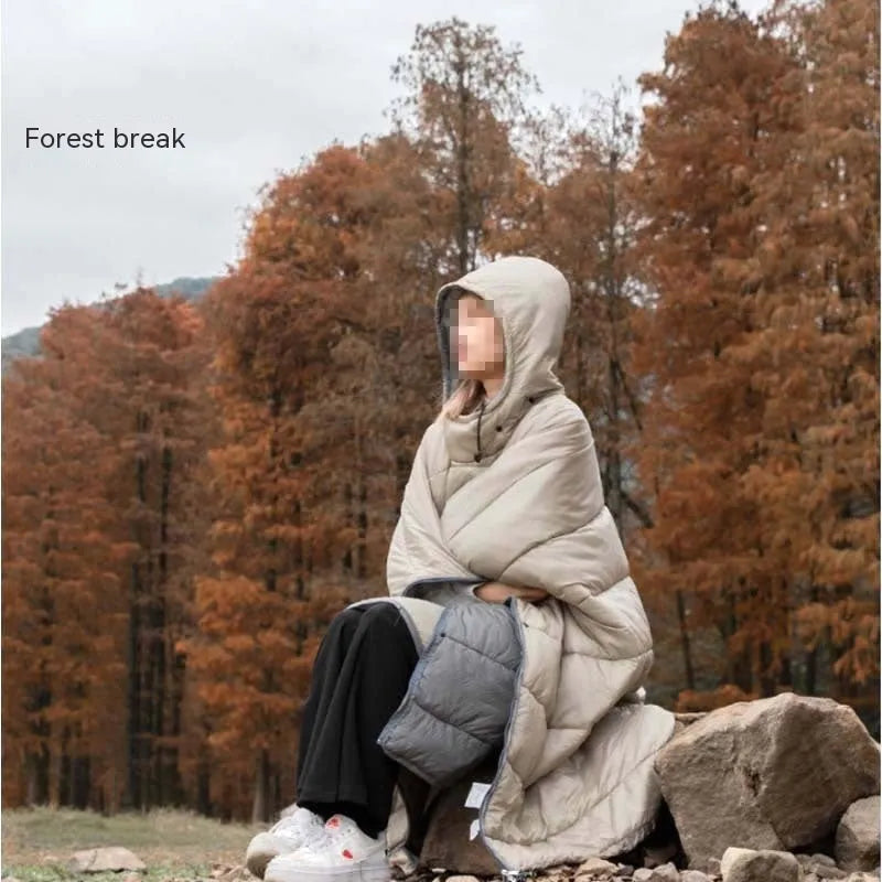 Adult outdoor cloak sleeping bag in Army Green or Gray, shown as wearable cape and laid flat as 200x140cm blanket