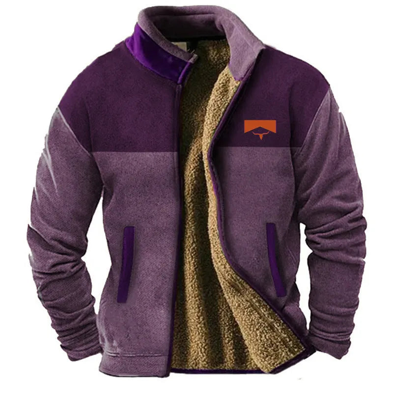 Men's padded fleece coat in polyester fibre available in sizes S to 5XL including blue, green and light brown colour options.