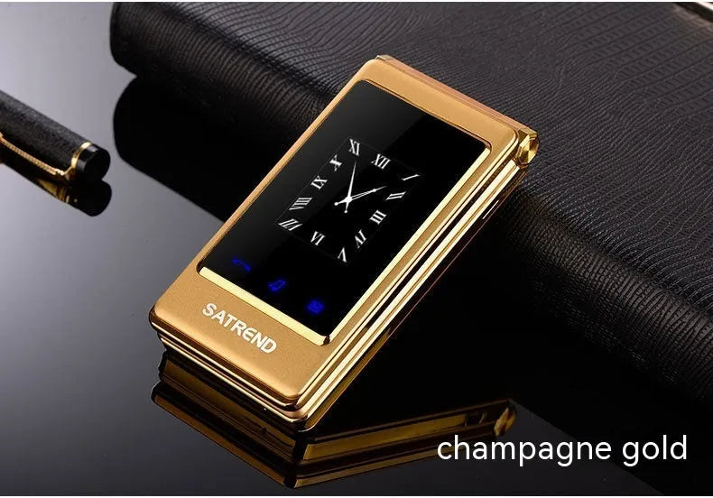 A15 black flip phone open showing large touch screen and external small display.