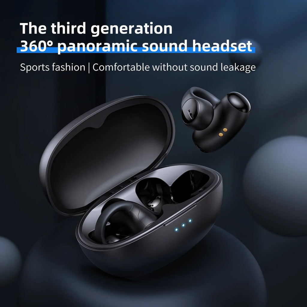 Black and white T306 Bluetooth wireless clip-on sports gaming earphones on ear hook.