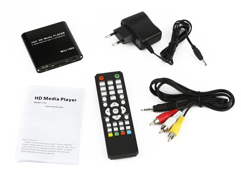 Compact blue 1080p Full HD media player with remote control on a black background.